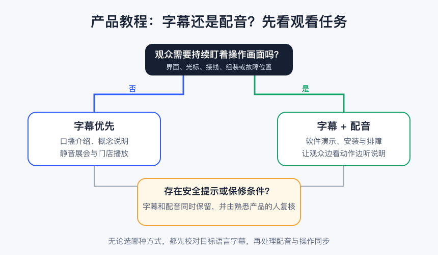 产品教程视频根据观看任务选择字幕或配音的决策树